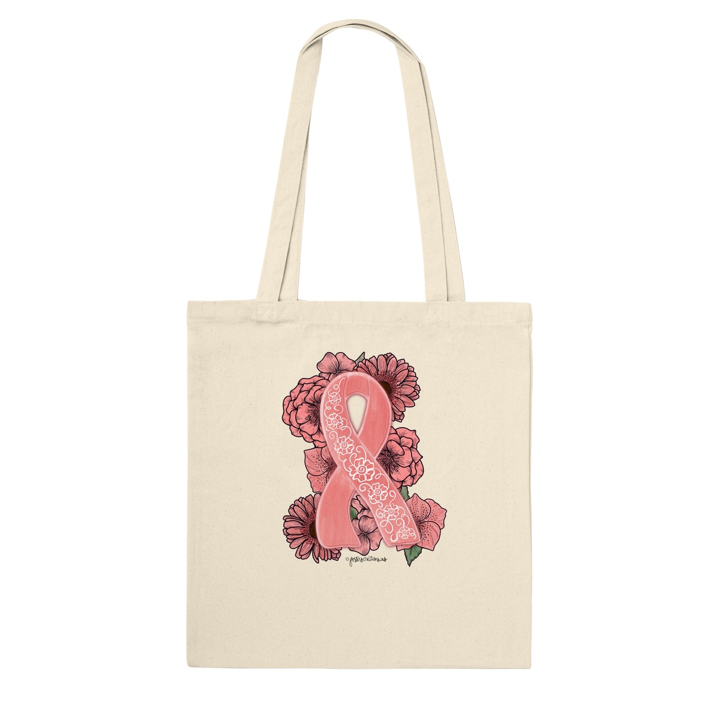 Beige tote bag with peach floral uterine cancer Awareness ribbon