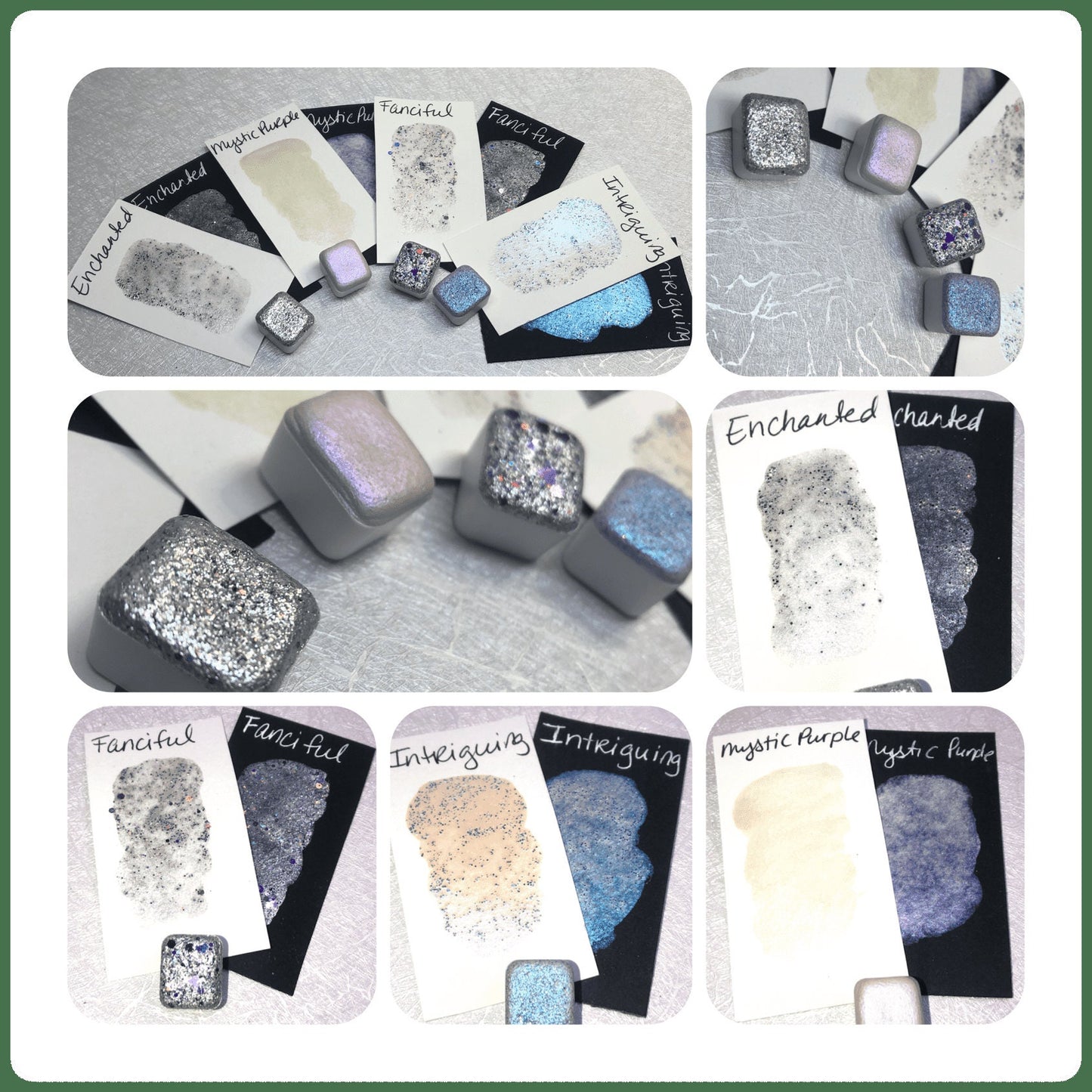 Collage of Curiosity Collection shimmer watercolor half pan set with swatches