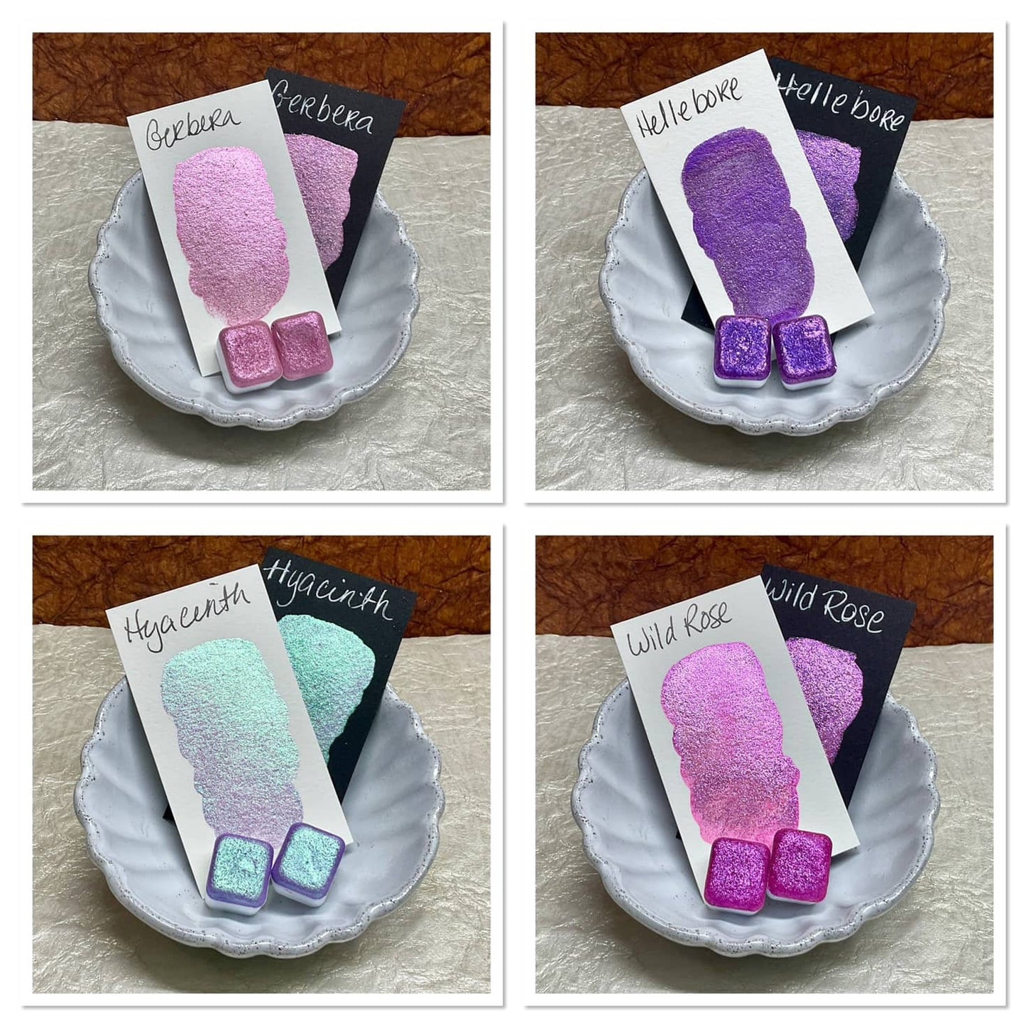 Botanical Whimsy shimmer watercolor half pan set with swatch photo