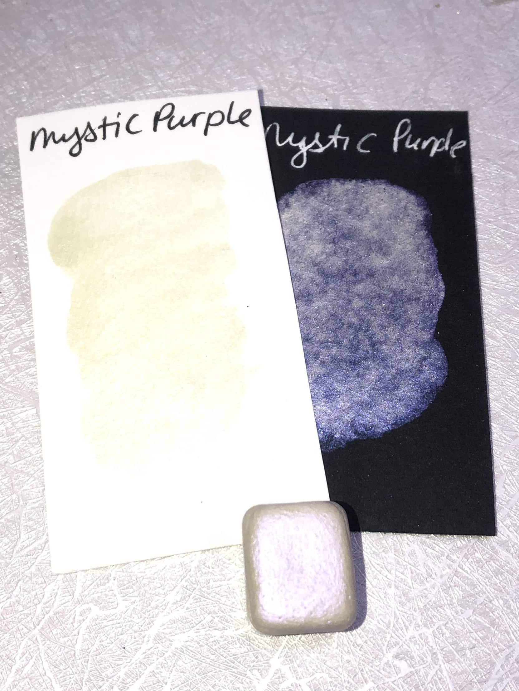 Mystic Purple shimmer watercolor paint half pan with swatch photo