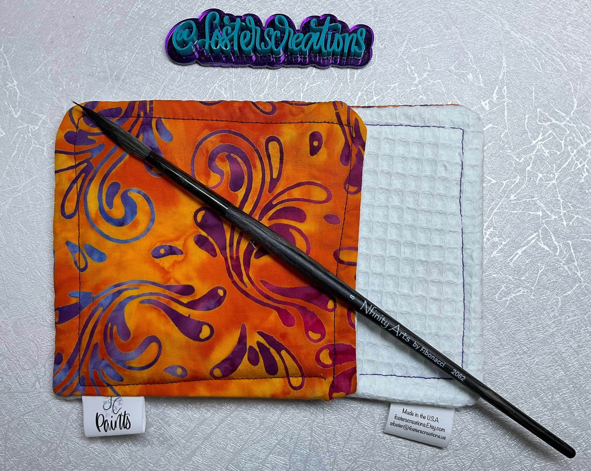 Orange Purple swirl Batik watercolor brush cloth 4.5x4.5 inch,reusable towel